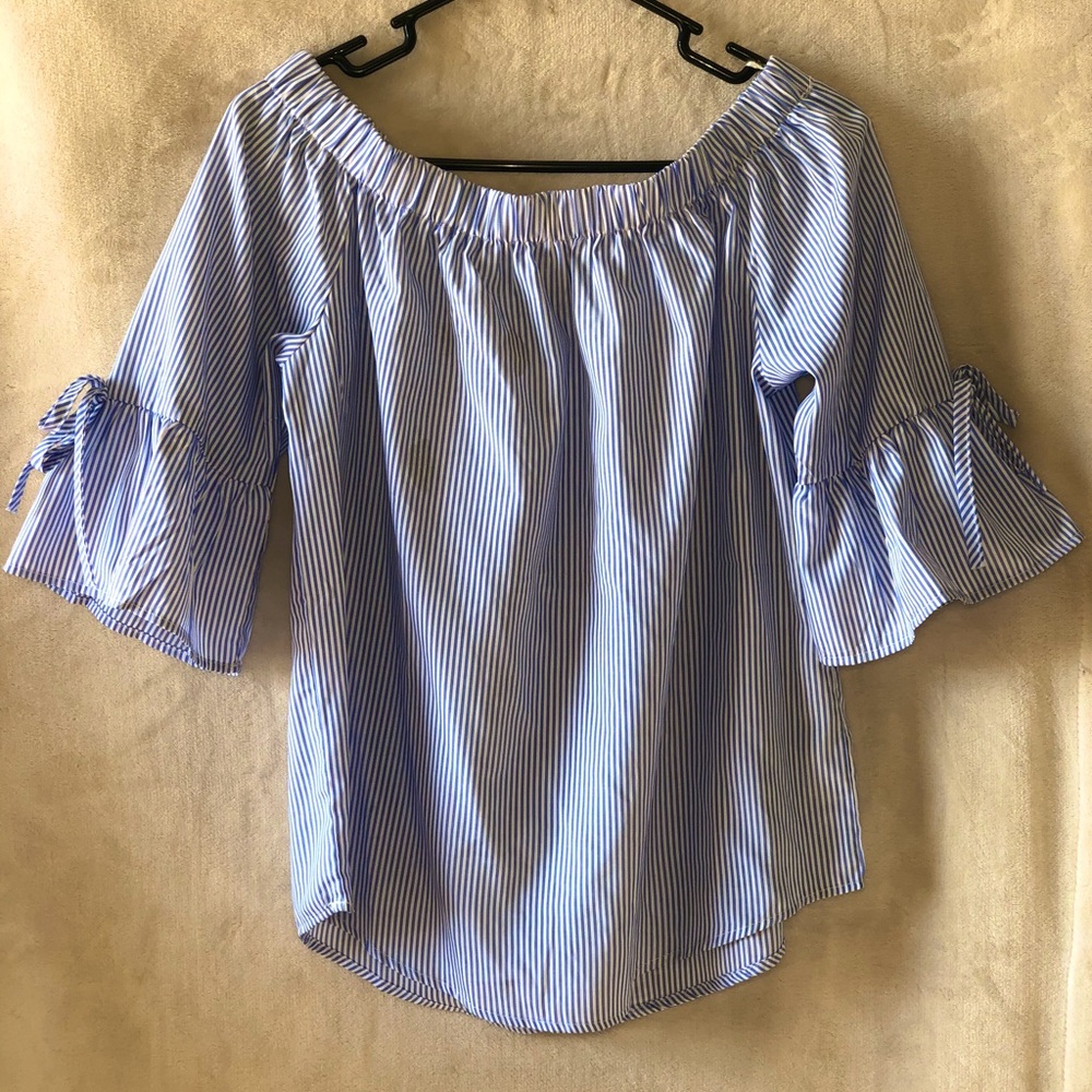 Light Blue Striped Off The Shoulder Blouse